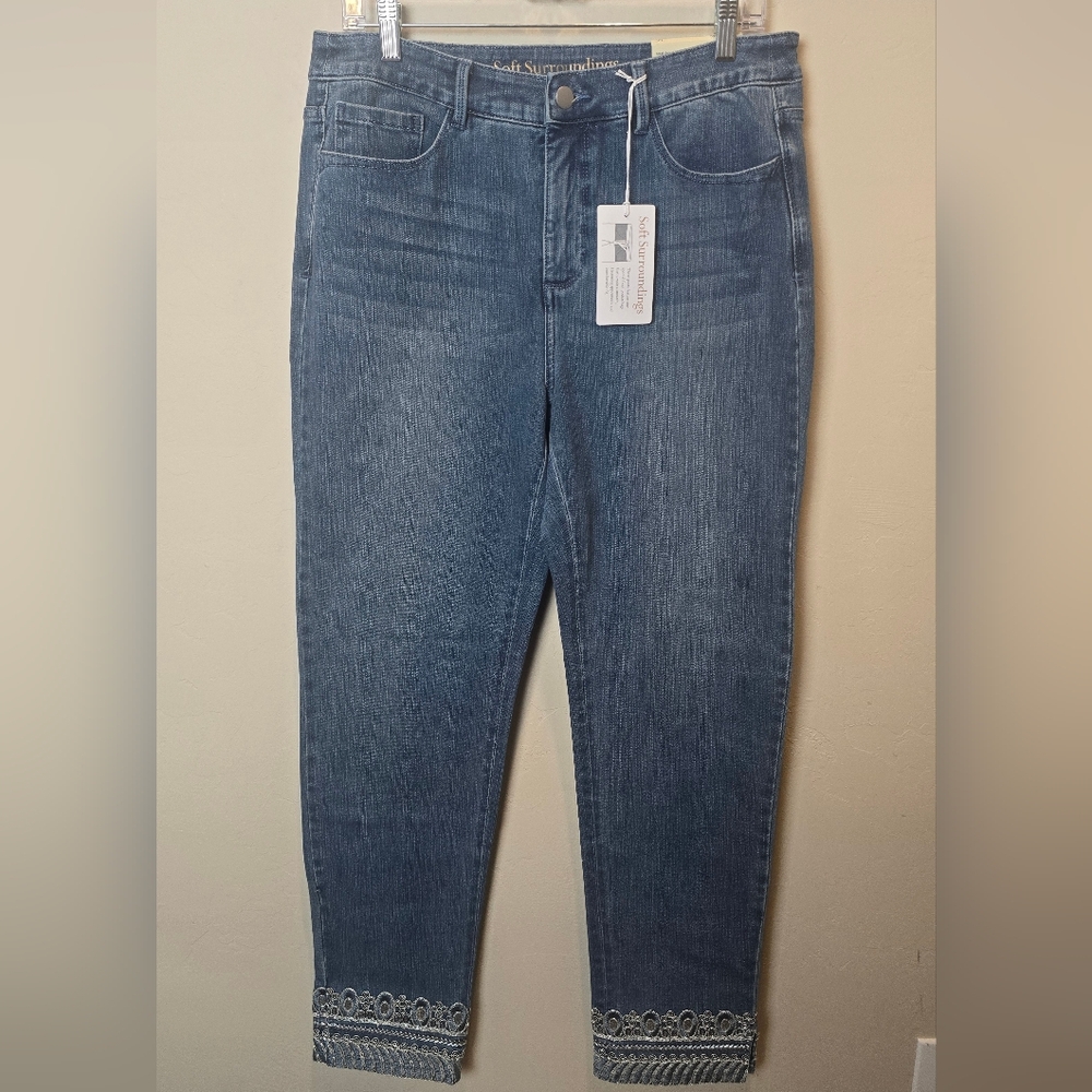 Soft Surroundings Straight Leg Blue Ankle Jeans with Lace Trim 10T NWT